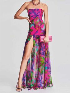 Grundläggande avslappnade klänningar Kvinnor Tube Top Dress Bohemian Print Leopard Strapless Mesh High Slit Long Dress Summer Beach Sexig Club Dresses Q240430