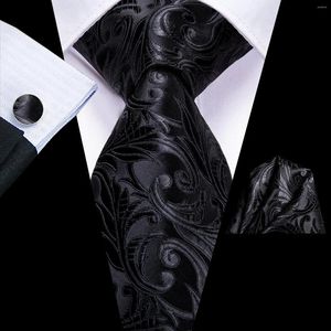 Bow Ties Hi-Tie Designer Black Floral Solid Pliad Silk Business Tie For Men Handky Cufflink Gift Necktie Fashion Wedding Party