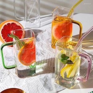 Muggar glas kopp med färgglada handtag fyrkantiga dricksglasögon kaffemjölk praktiska cocktail koppar för vardagsbruk