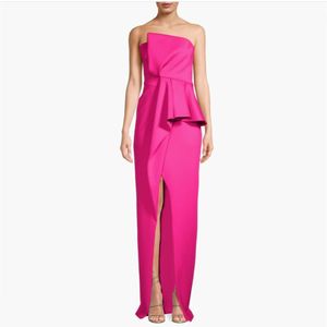 Elegant Long Fuchsia Crepe Evening Dresses with Slit Sheath Scalloped Pleated Floor Length Zipper Back Prom Dresses for Women