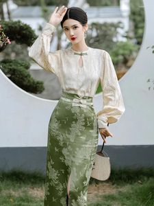 Sıradan elbiseler Çin tarzı elbise ulusal kıyafet orta uzunlukta set kadın cheongsam bahar ve pantolon basit kazak üst