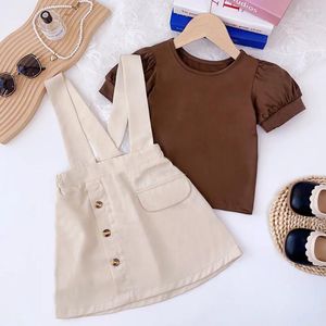 Clothing Sets 2024 Child Clothes Short Puff Sleeve O Neck Brown T-shirt Suspender Skirt 2 Piece Designer Girls Set 3-7T