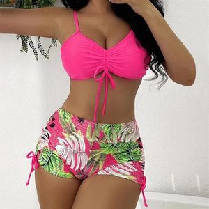 Frauen Blattdruck gedruckter Tankinis 2 PC Wrap Knoten Kordelzug Bandage Badeanzüge hohe Taille Push Up Boyshorts Badebekleidung