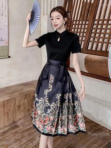 Work Dresses National Style Horse-Face Skirt Suit Women's Summer 2024 High-End Improved Hanfu Outfits Simple Tshirt Midi