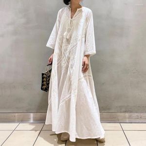 Casual Dresses Summer Spring Women Dress Lace-Up Strap Tassel A-Line Loose Retro Long Sleeves Flower Brodery V Neck Ankellängd Semester