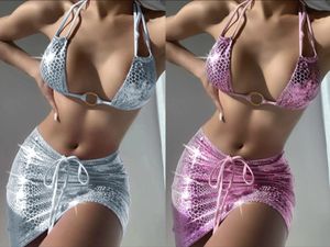 New sexy snakeskin print drawstring three-piece skirt bikini set beach swimsuit