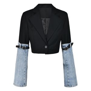 Anzug für Frau Business Denim Jacke Designerin Frauen Cowboyanzug Halsband Single Knopf Verstellbare Taille Denim Patchwork Jacke S XL Jackets Damenmantel