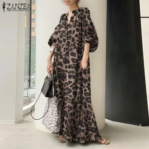 Modedruckte Maxikleid Leopard Sundress 2023 Zanzea Spring Puffhülle Langes Vestidos weibliche V -Halsrobe in Übergröße 240419