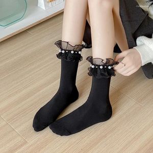 Women Socks Lolita White Bow Pearl Lace Middle Tube Japanese College Style Princess Sweet JK Streetwear Hosiery Sox