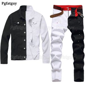 Multicolor Stitching Black Mens Jeans Set Personlighet Långärmad denimjacka Rippad hålbyxor Casual Loose Streetwear 240428