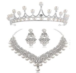 White Crystal Pearl Crown Earrings Necklace Jewelry Sets Bridal Wedding Jewelry Elegant Fashion Cubic Zirconia diamond jewelry5369235