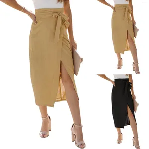 Skirts Women Cotton Linen Summer Skirt Knot Solid Split High Waist Beach Cover Ups Female Faldas Bodycon Strappy Casual A Line