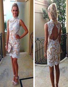 2019 Vintage Lace Cocktail Dresses High Collar White Lace Champagne Lining Backless Appliques Summer Fall Short Party Gowns Custom9932530