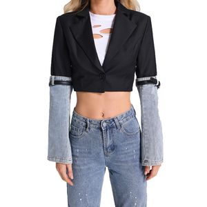 Denimjacka designerjackor för kvinnor kappa cowboy kostym krage långärmad enkelknapp justerbar midja denim lapptäcke jacka s xl coatwomen vestido de mujer