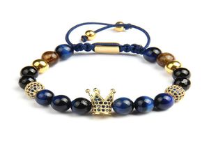 Niebieskie CZ Crown Men Bracelety Whatle 8 mm Natural Tiger Eye Stone Beads Macrame Biżuteria z koralikami ze stali nierdzewnej2741752