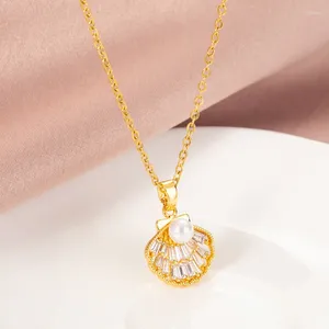 Pendant Necklaces Korean Fashion Crystal Pearl Shell Women Necklace Sweet Sexy Gold Color Stainless Steel Ladies Clavicle Chain Jewelry