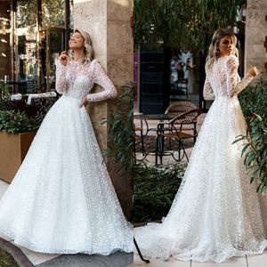 Romantic Wedding Dresses Applique Bridal Gowns A Line Sheer Long Sleeve Custom Made Sweep Train Bride Dress Vestidos De Novia