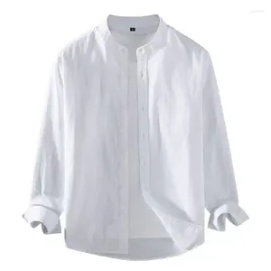 Mäns avslappnade skjortor 2024 Spring Summer Linen Shirt Pure White Stand Collar Long Sleeve Henley Soft Comant Slim Fashion