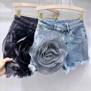 Jeans femininos 3D de jeans de jeans Mulheres 2024 Verão na faixa de estilo coreano perna larga calças curtas Slimming Booty Sexy Girl