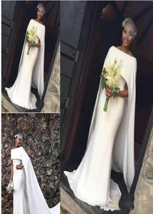 2018 Satin Mermaid Customed Made Cheap Wedding Dresses With Cape Zipper Back Bateau Arabic Black Girl Bridal Gowns7454699