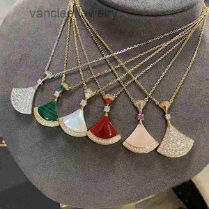 High version Necklace New little skirt necklace Female Scalloped white fritillaria carnelian full diamond double pendant clavicle chain