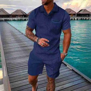 Herrspårar Streetwear New Men's Fashion Polo Shirt Set 3D Digital Printed dragkedja Kort ärm Mäns shorts plus size set