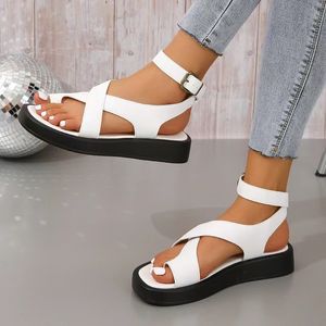 Summer Gladiator Sandals Women Platform Slippers Black White Leather Beach Casual Sandale Thick Bottom Ankle Strap Flip Flops Sandle Shoes Size 35-43