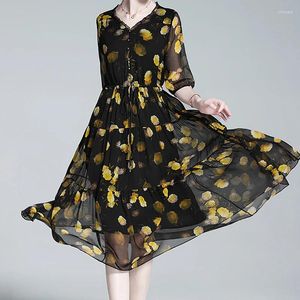 Abiti casual Evnisi Women Chic Floral Printing Abito in chiffon Vesto a V-Neck Natural Silk Elegante Office Bruffles Summer Fairy Vestido