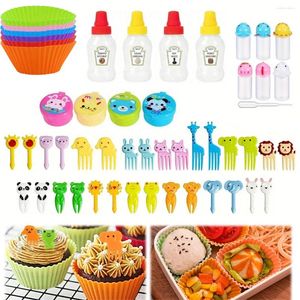 Forks 51PCS Silicone Lunch Box Dispenser Bento Accessories Paper Cup Cake Lining Fruit Dessert Fork