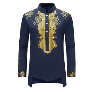 Mäns casual skjortor Tribal Print Blue Shirt Polyester African Dashiki Liten Stretch Button Down Stand Colle Succt Brand