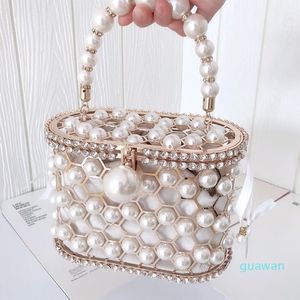 Luxury Pearl Women's Handbag Hollow Out Wedding Clutch Purse Bag Female Rhinestone Metal Cage Basket Shoulder Bag 283I