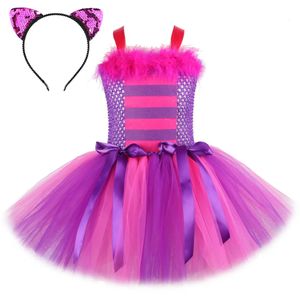 Vestido de gato cheshiree para meninas trajes de halloween para crianças vestidos de animais com bandana da cabeça de menina para festa de aniversário 240429