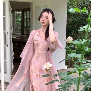 Work Dresses Chinese Style Elegance Waist Slimming Sleeveless Green Improved Qipao Sexy Long For Women Cardigan Two Piece Set