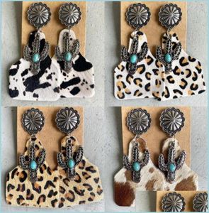 Pieno lampadario vintage Sier Cushaw Flower Turquoise Orecchini cactus tag di mucca in pelle vera per le donne gioielli occidentali dhgard2227229