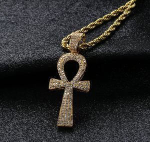 Хип -хоп серебряный цвет цвет Иисус Египетский Анх Ключ Крест Подвесной Ожерелья Кубические цепи