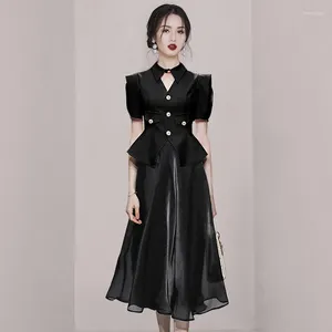 Sukienki robocze Elegancka dama biurowa 2 -częściowy zestaw Korea czarna spódnica luksusowe kobiety z krótkim rękawem proste ramię top midi błyszcząca siatka