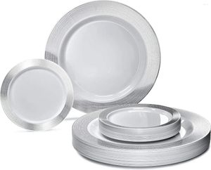 Disposable Dinnerware 600 Pcs Set & 120 Guest Wedding Plastic Plate Silverware Combo (Linen White Silver Silverware)