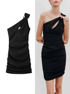 Basic Casual Dresses ZABA Womens Black Asymmetric Ruffle Slim Fit Mini Dress Design Party Sexy Evening Dress Elegant Womens Clothing Q240430