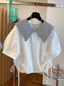Bluzki damskie Design Nisza w paski Lapel Hem Bluzka 2024 Summer Korean Chic Shirting Shirt Short Doll kołnierz blusas kobieta