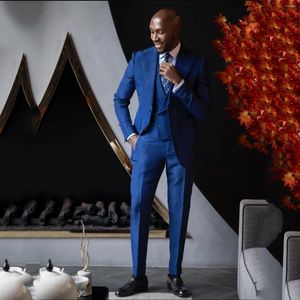 남성용 정장 패션 왕실 블루 남성 공식적인 비즈니스 블레이저 웨딩 신랑 턱시도 매일 양복 3 조각 재킷 조끼 바지 의상 homme