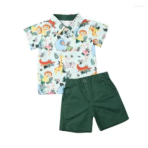 Clothing Sets Cute Baby Boy Outfits Summer Set Cartoon Animal Print Short Sleeve Lapel T Shirt And Solid Color High Waist Shorts Toddler