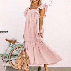 Casual Dresses Maxi For Women 2024 Ruffle Cap Short Sleeve Dress Pleated Swing Tunic Flowy Boho Beach Long Cute