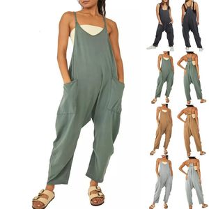 Kvinnor Spaghetti Lång längd Pocket Jumpsuit Casual ärmlös Löst dragkedja 240429