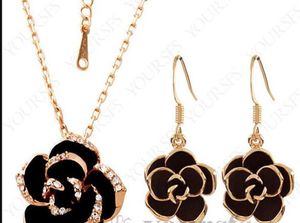 Rose Gold Plated Use Crystal NecklaceEarring Gemstones JewelryFlash Black Flower Pendant Necklace6824278