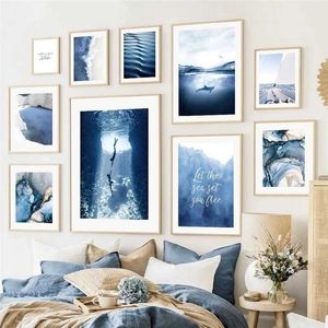 RK Blue Langdscape Wall Art Canvas Painting Ocean Beach Sea Piece Плакат и печатная печать.