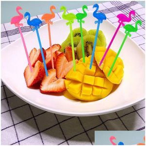 Hediye sargısı 50pcs sevimli flamingo meyve çatalları plastik cupcake tatlı salata çubukları kokteyl tootick lisans hawaii plaj parti malzemeleri dhqis