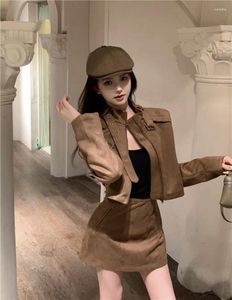 Work Dresses British Style Suit Women's Retro Stand Collar Long Sleeve Zipper Short Jacket Tops High Waist Wrapped Hip Skirt Two-piece Set