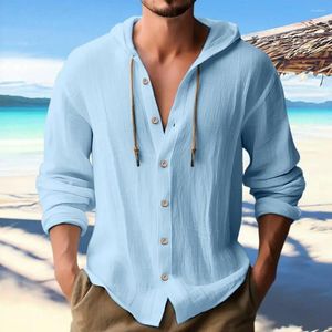 Мужские повседневные рубашки рубашка для рубашки с капюшоном Стильное сплошное окрашение кнопки с длинным рукавом быстро сух для уличной одежды