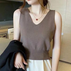 Kvinntankar 2024 Summer Office Lady Simplicity Overized High midje Tank Top for Women Solid Knitting V Neck Sleeweless Y2K Chic Tops