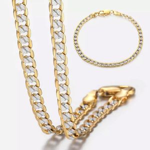 4mm Flat Hammered Curb Cuban Necklace Bracelet Gold Mix Silver Color for Women Men Jewelry Set GN64A 256x